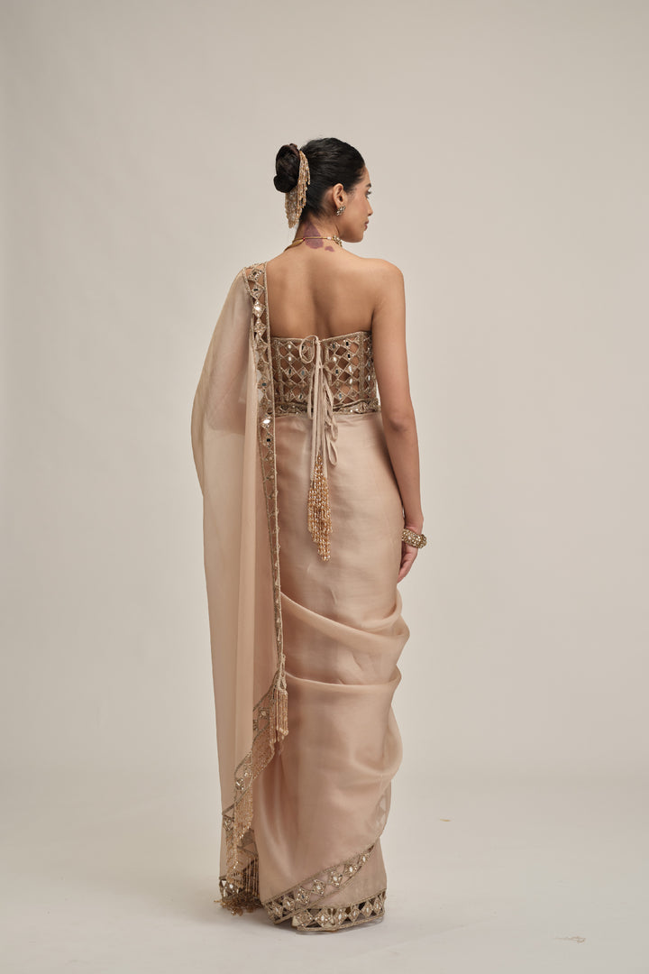 Light Beige Cutwork Border Saree With Corset Set