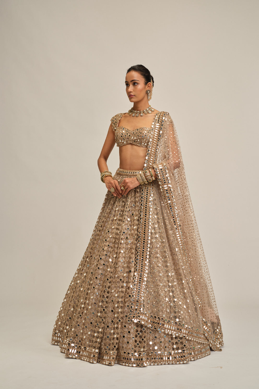 Light Beige Big Mirror Cutwork Lehenga Set