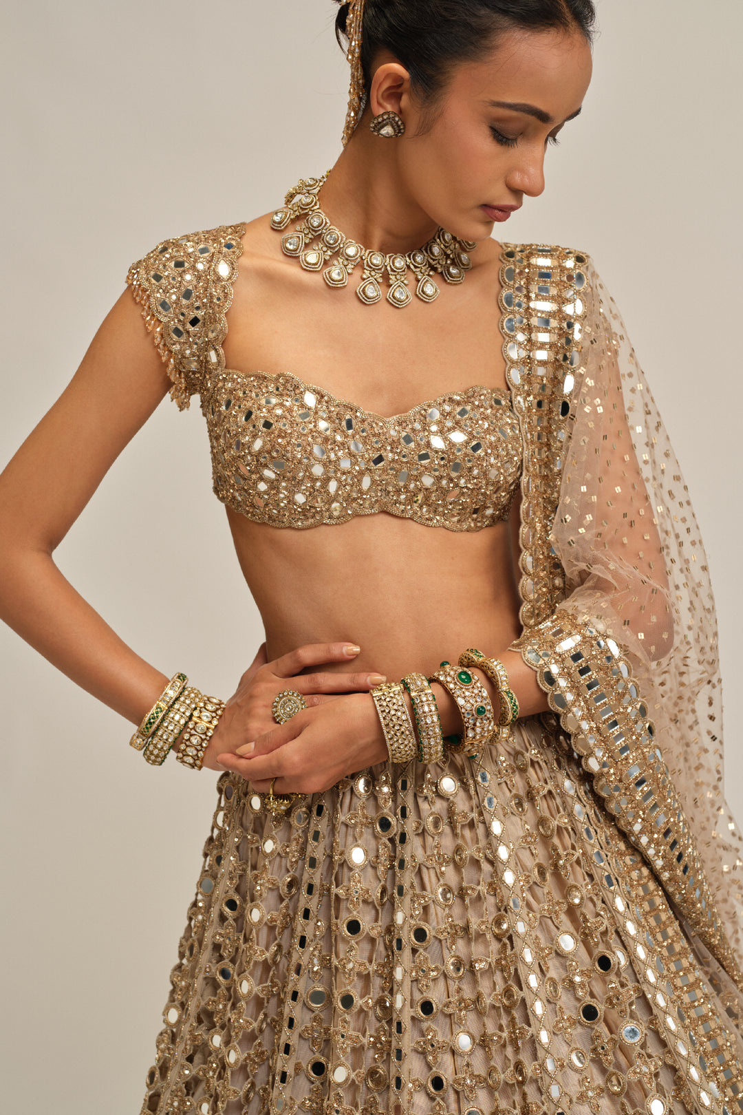 Light Beige Big Mirror Cutwork Lehenga Set