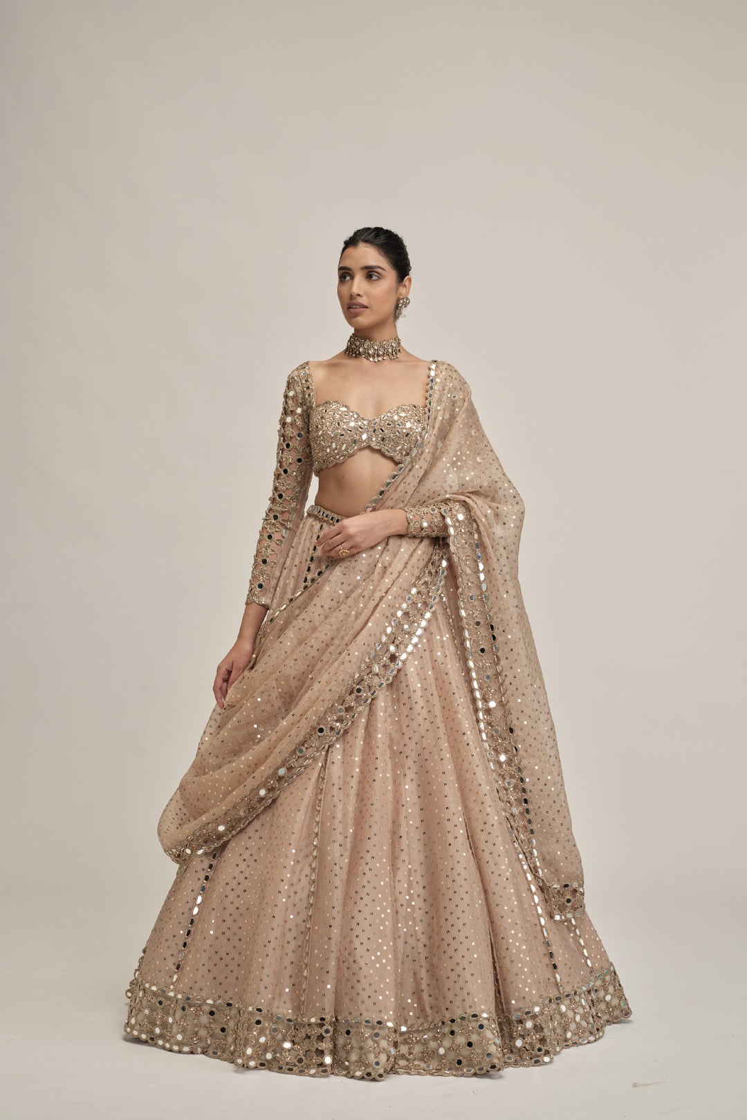 Light Beige Sequins Embroidered Full Sleeves Lehenga Set