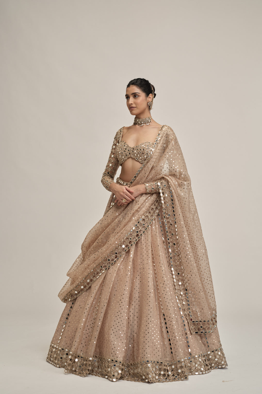 Light Beige Sequins Embroidered Full Sleeves Lehenga Set