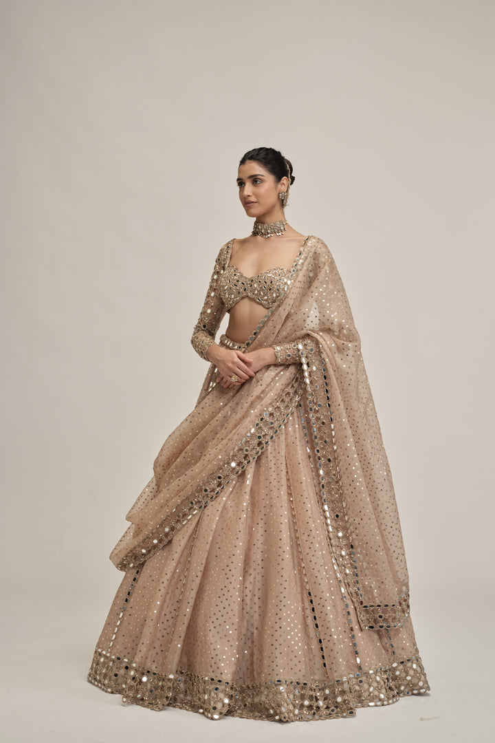 Light Beige Sequins Embroidered Full Sleeves Lehenga Set