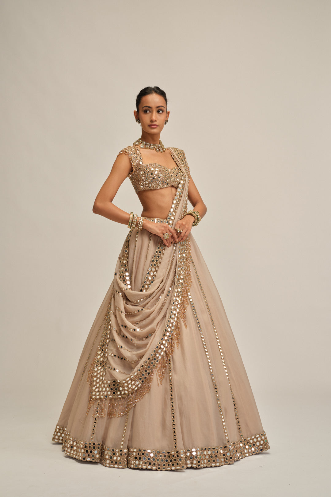 Light Beige Mirror Linear Embroiderd Lehenga Set