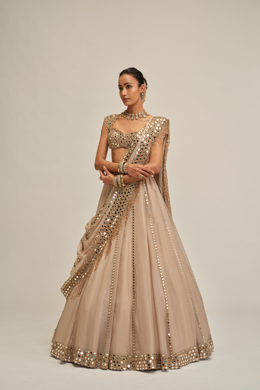 Light Beige Mirror Linear Embroiderd Lehenga Set