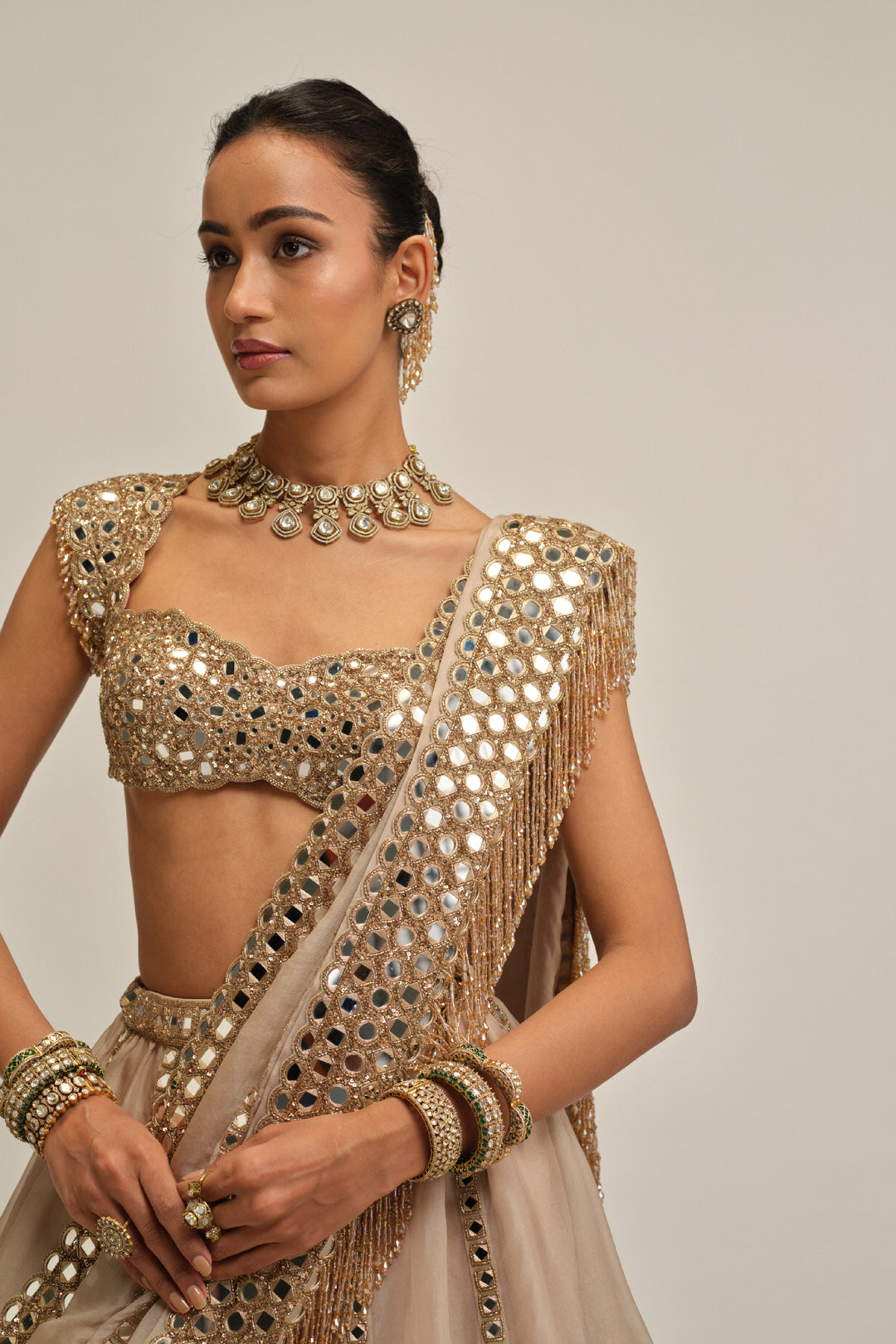 Light Beige Mirror Linear Embroiderd Lehenga Set