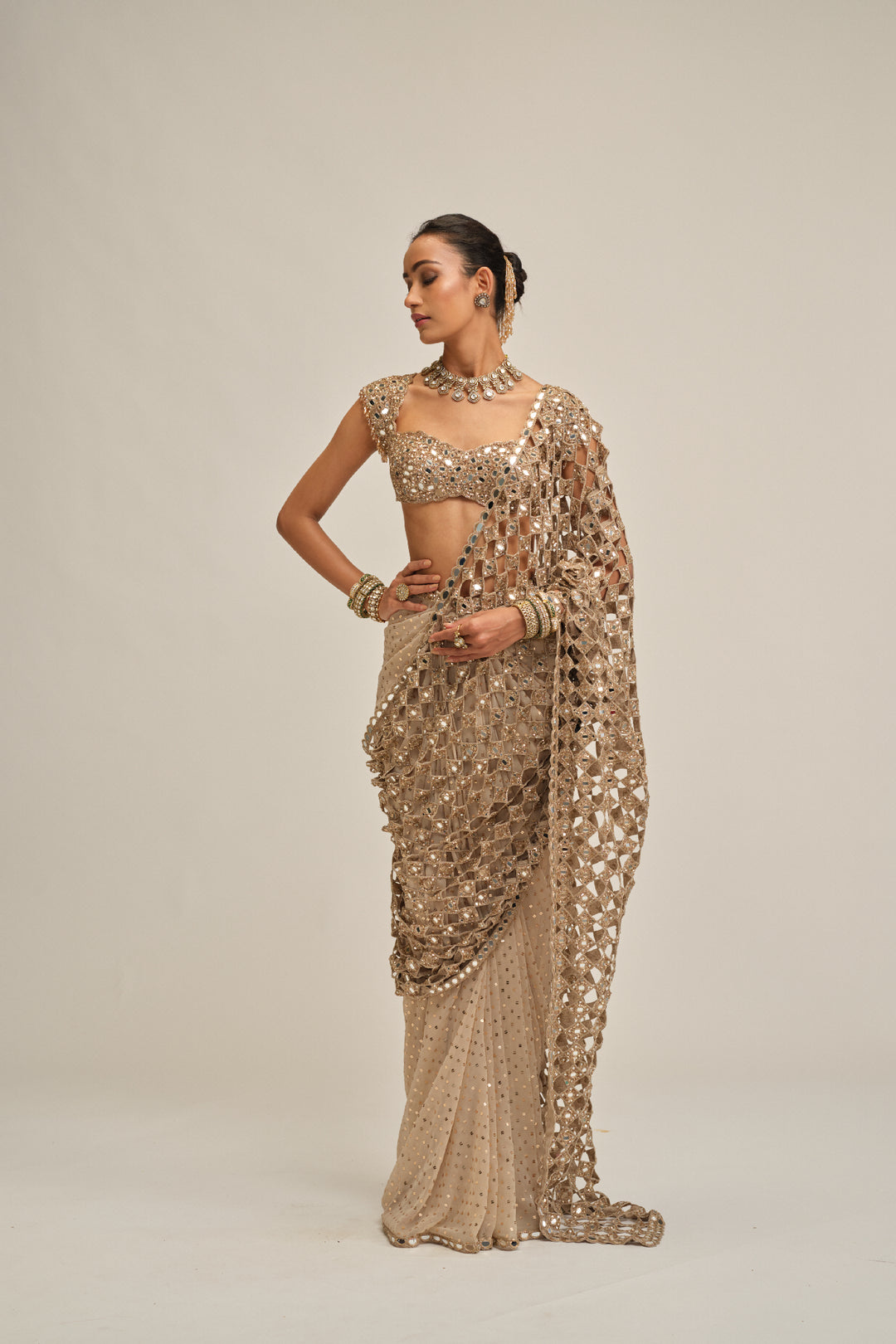 Light Beige Cutwork Pallu Saree Set