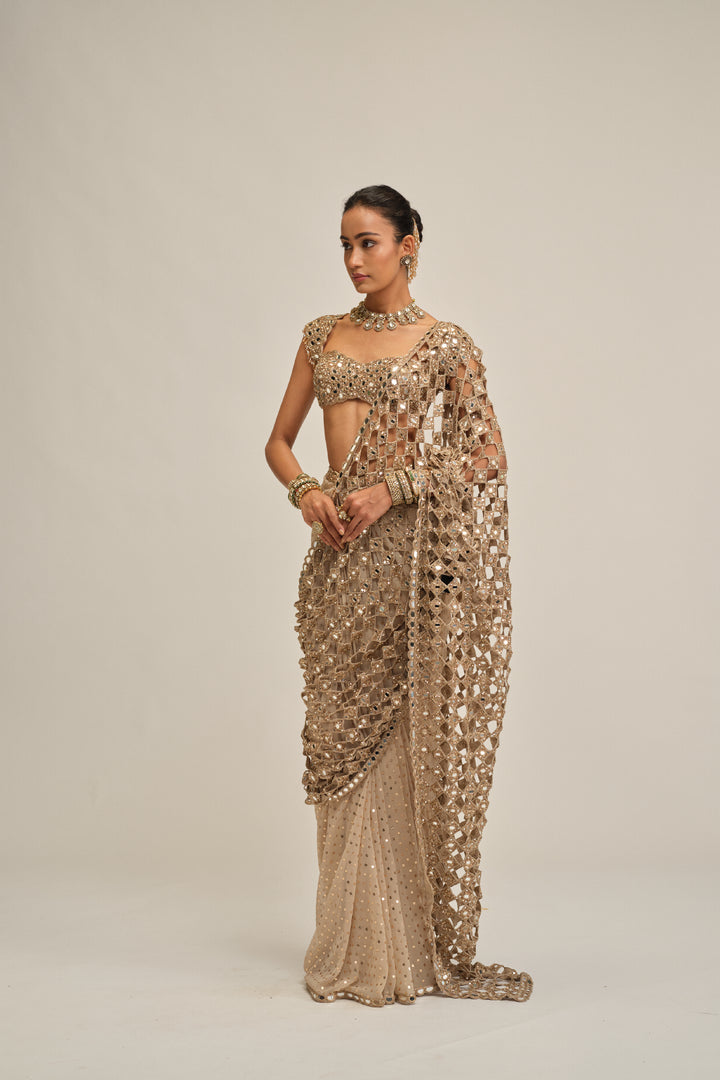 Light Beige Cutwork Pallu Saree Set