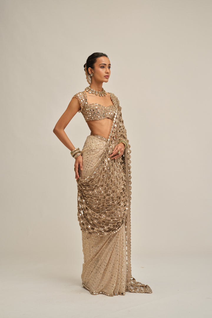 Light Beige Cutwork Pallu Saree Set