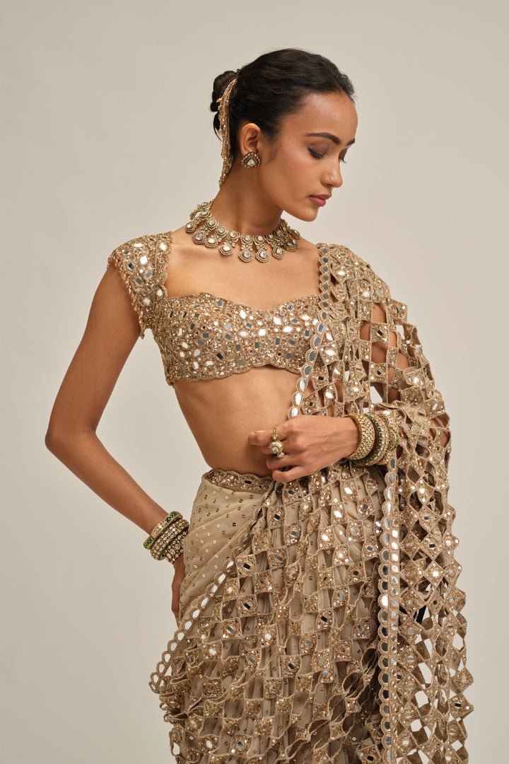 Light Beige Cutwork Pallu Saree Set