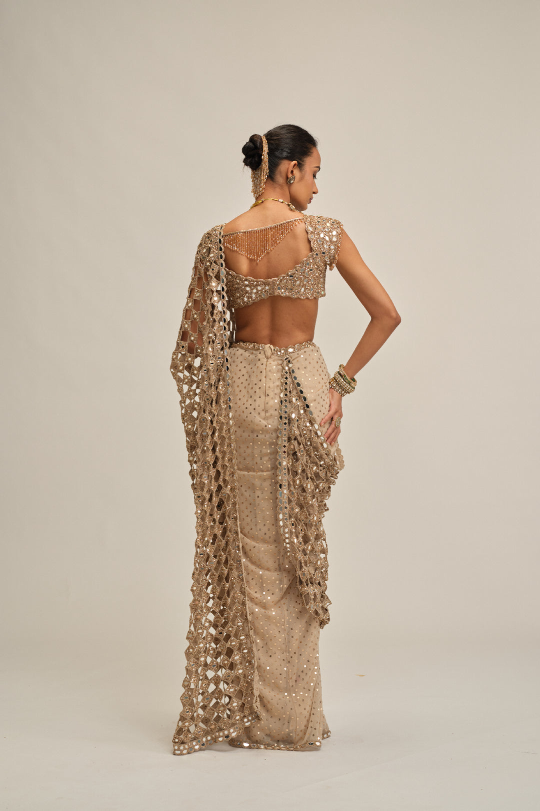 Light Beige Cutwork Pallu Saree Set