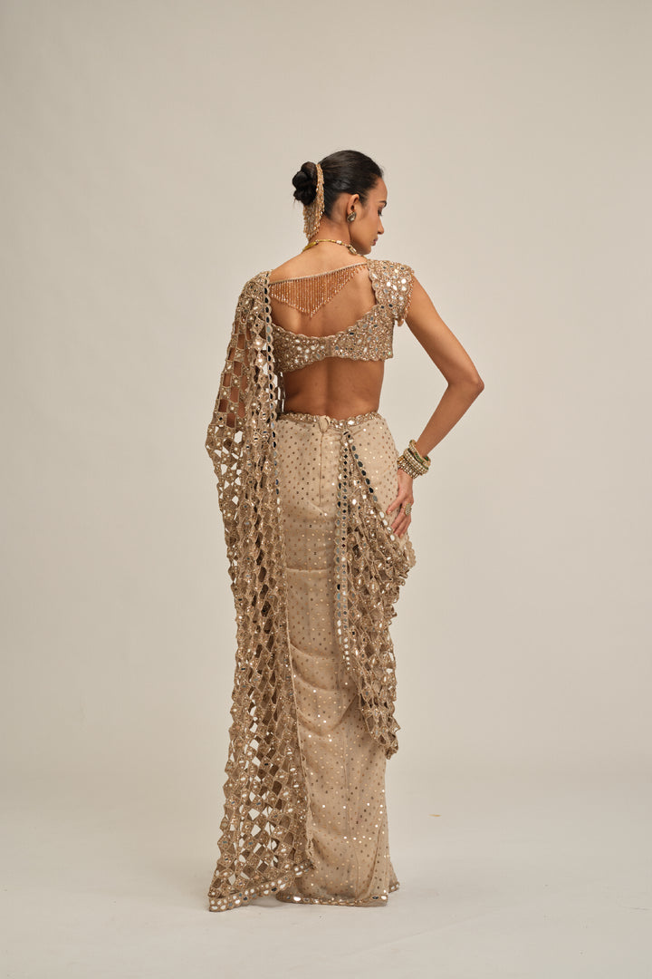 Light Beige Cutwork Pallu Saree Set