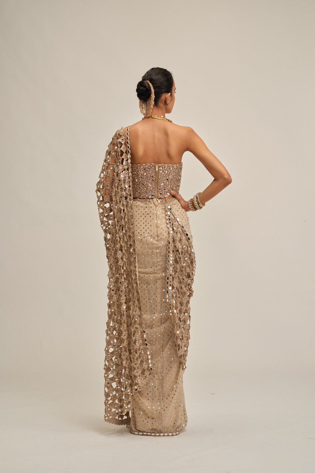 Light Beige Cutwork Pallu Saree With Corset Set