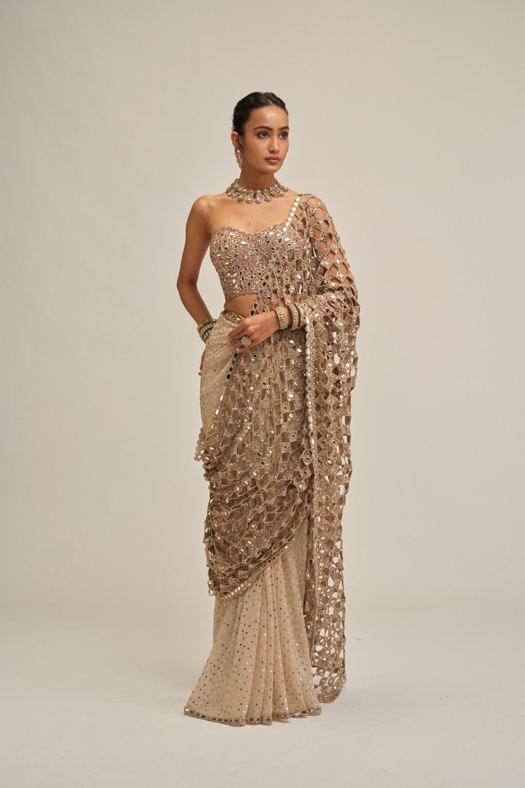 Light Beige Cutwork Pallu Saree With Corset Set