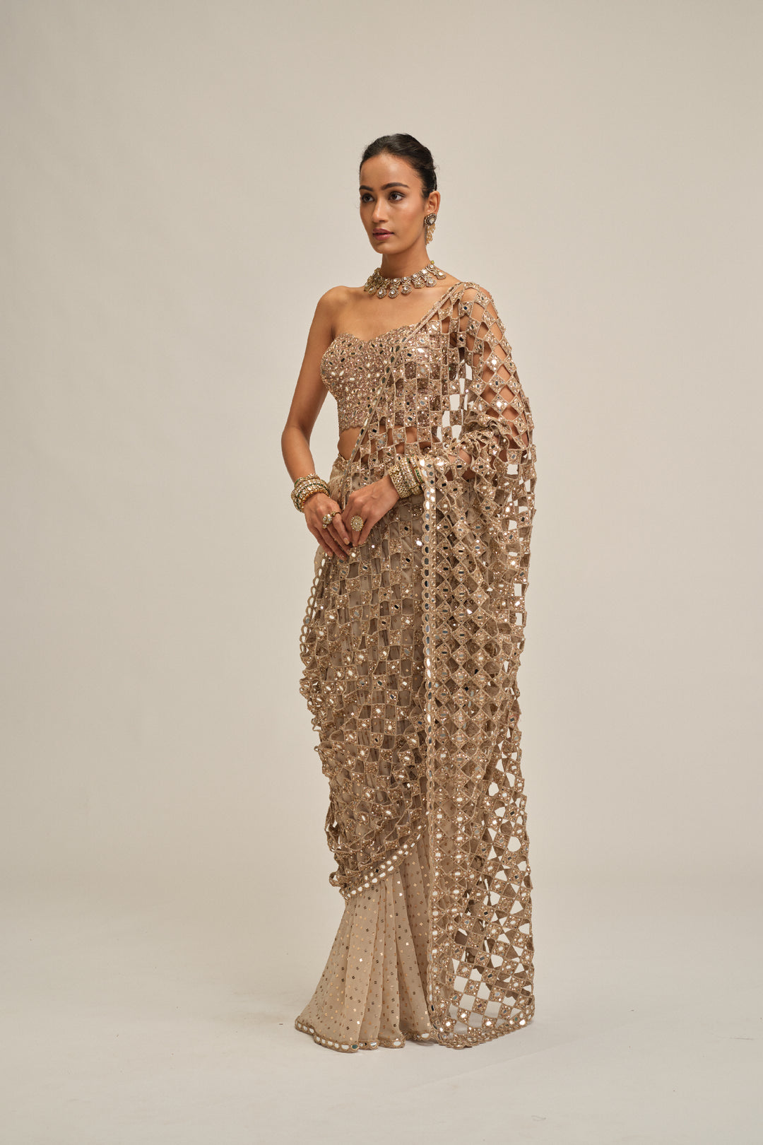 Light Beige Cutwork Pallu Saree With Corset Set