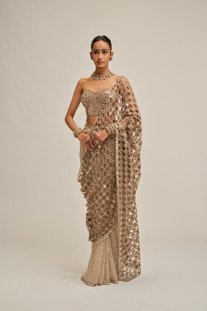 Light Beige Cutwork Pallu Saree With Corset Set