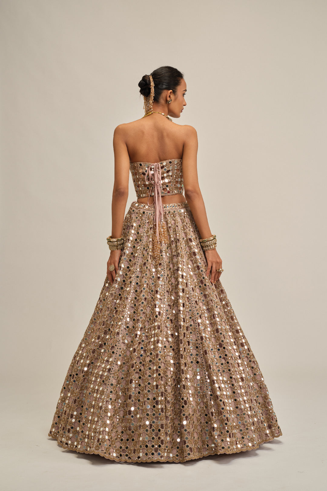 Ash Pink Dense Big Mirror Cutwork Crop Top Skirt Set
