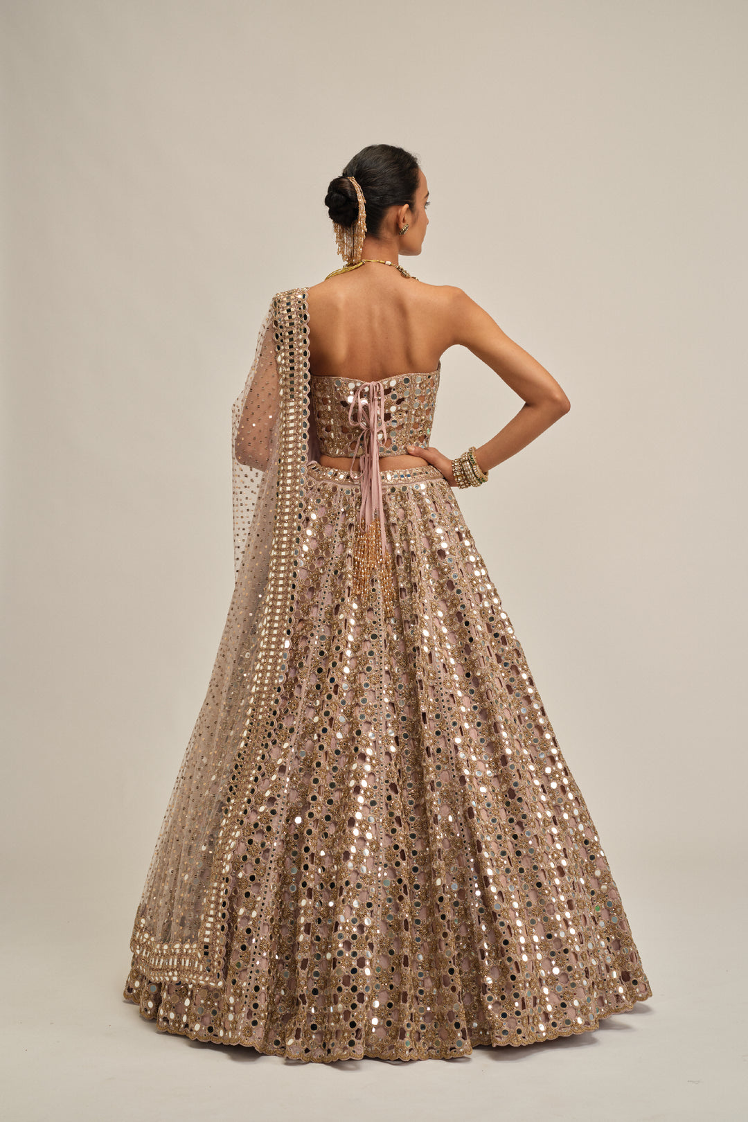 Ash Pink Dense Big Mirror Cutwork Lehenga With Corset Set