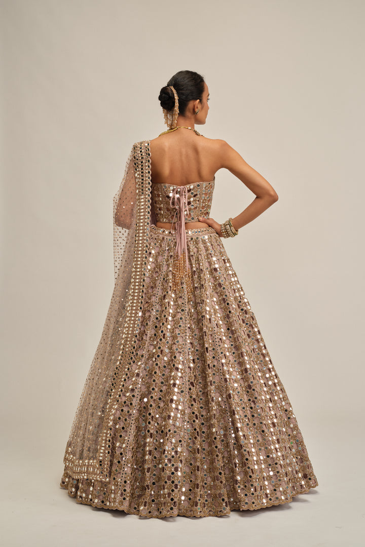 Ash Pink Dense Big Mirror Cutwork Lehenga With Corset Set