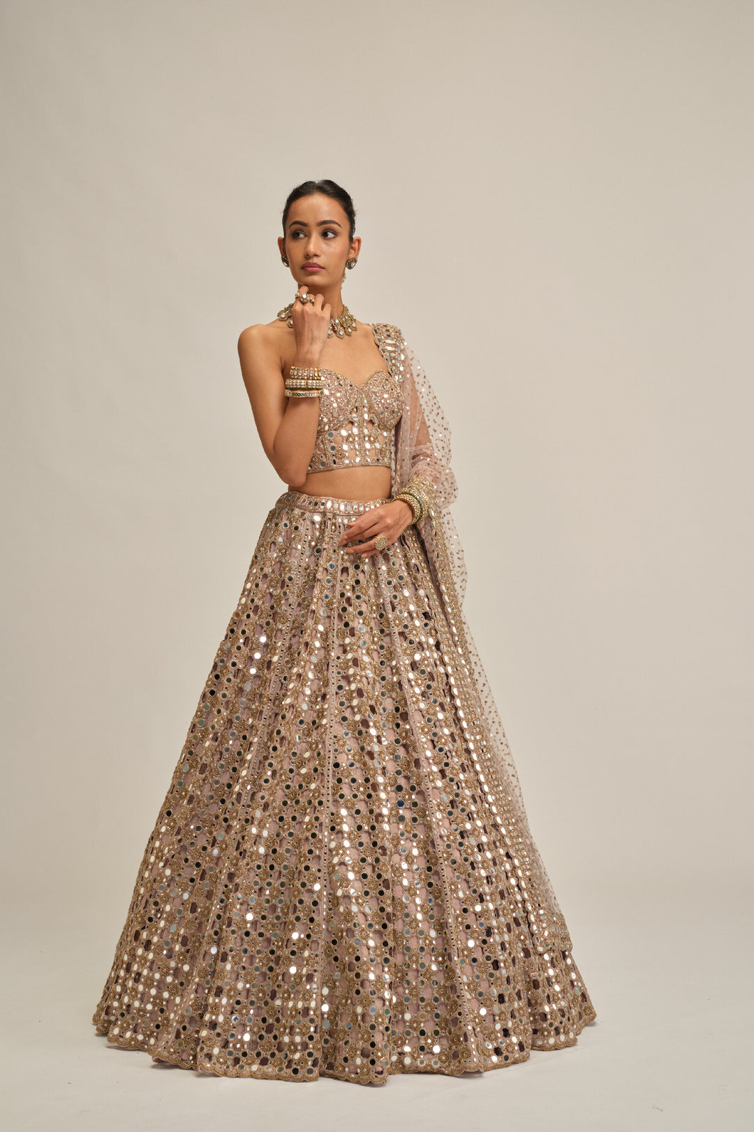 Ash Pink Dense Big Mirror Cutwork Lehenga With Corset Set