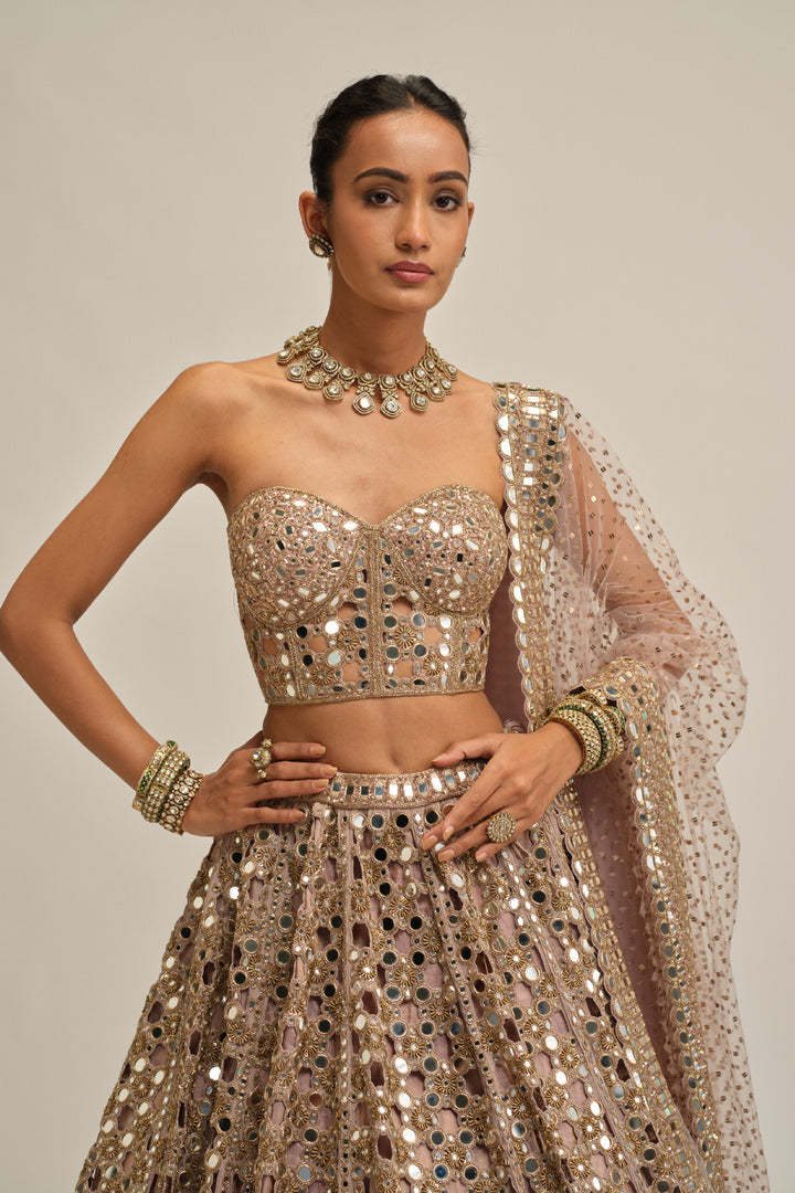 Ash Pink Dense Big Mirror Cutwork Lehenga With Corset Set