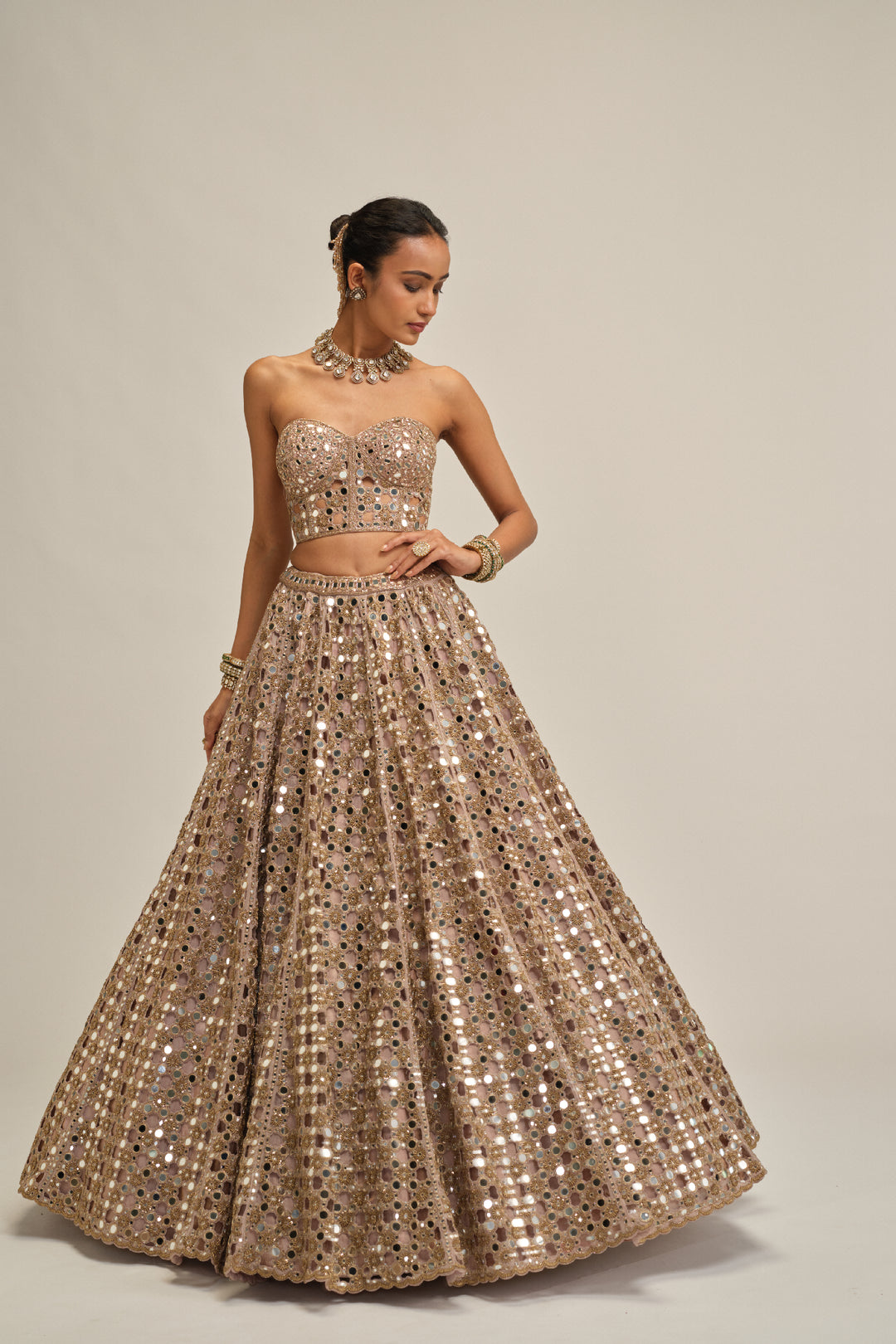 Ash Pink Dense Big Mirror Cutwork Crop Top Skirt Set