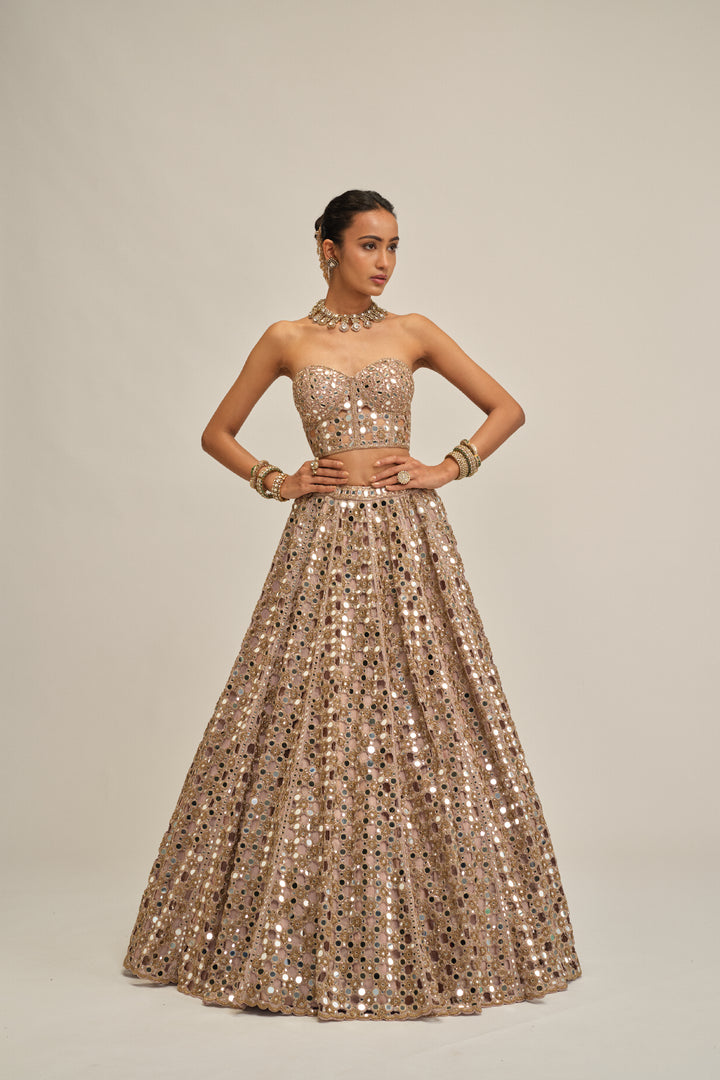 Ash Pink Dense Big Mirror Cutwork Crop Top Skirt Set