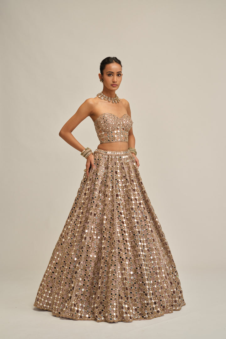 Ash Pink Dense Big Mirror Cutwork Crop Top Skirt Set