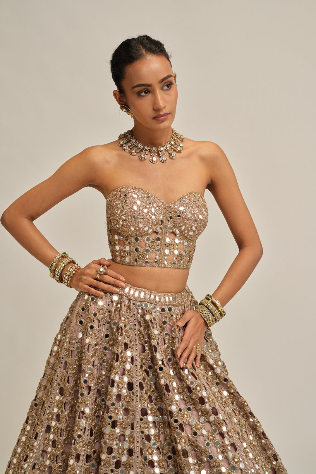 Ash Pink Dense Big Mirror Cutwork Crop Top Skirt Set