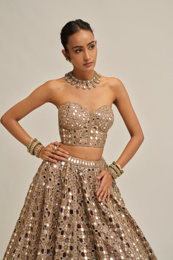 Ash Pink Dense Big Mirror Cutwork Crop Top Skirt Set