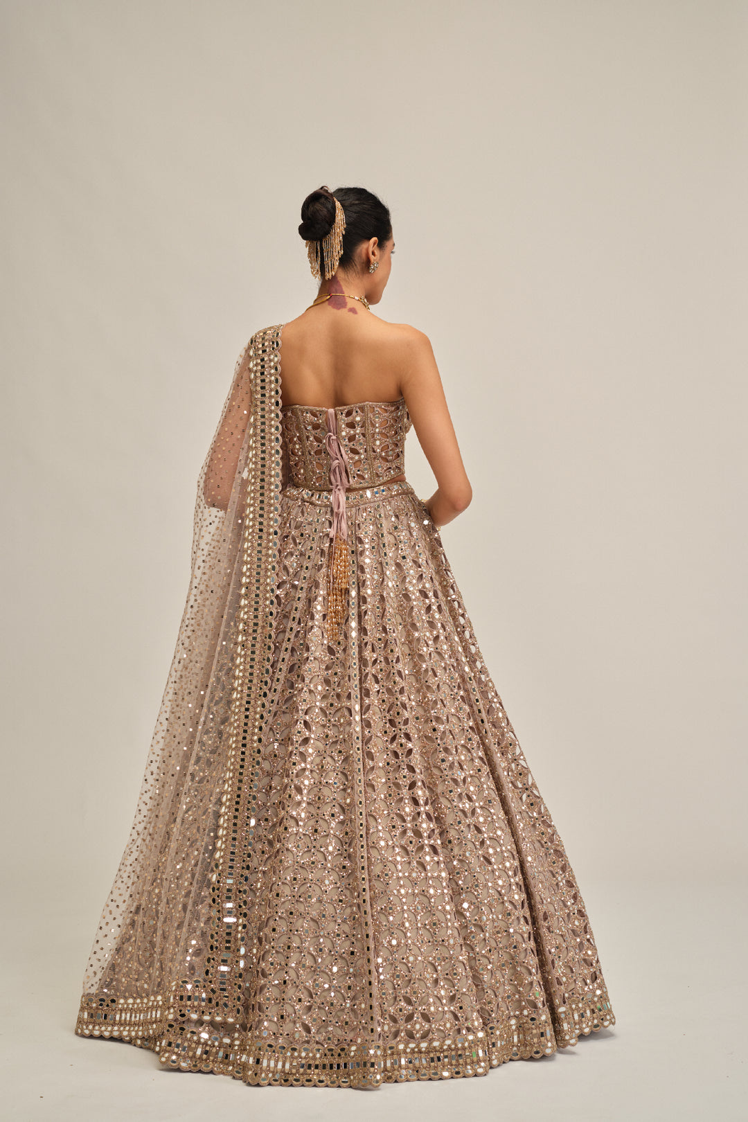 Ash Pink Circular Cutwork Lehenga With Corset Set