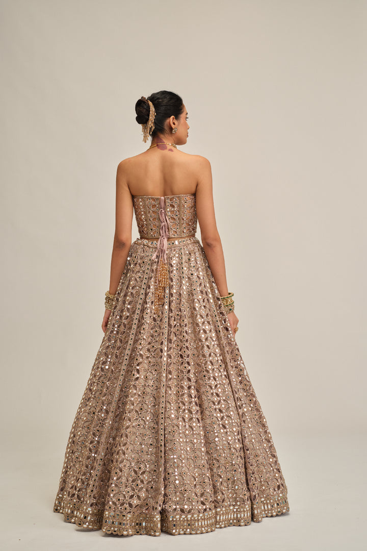Ash Pink Circular Cutwork Crop Top Skirt Set