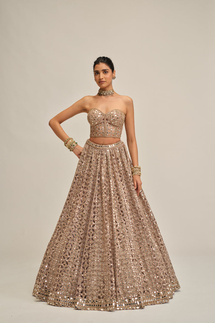 Ash Pink Circular Cutwork Crop Top Skirt Set
