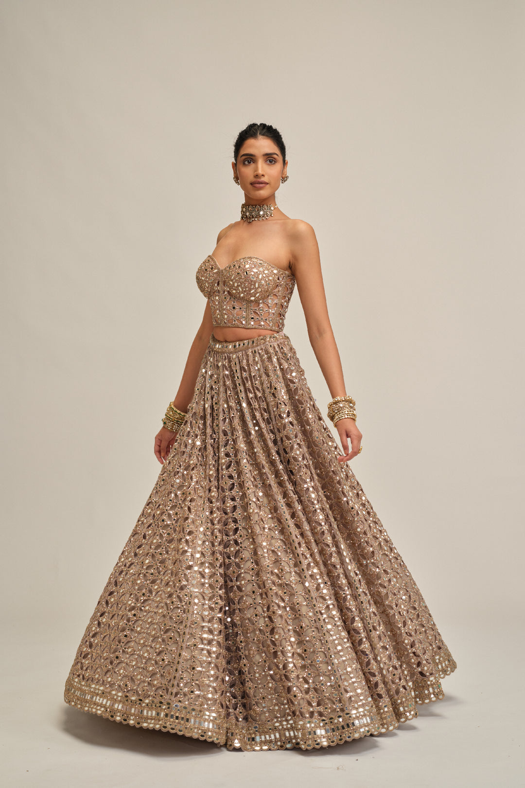 Ash Pink Circular Cutwork Crop Top Skirt Set