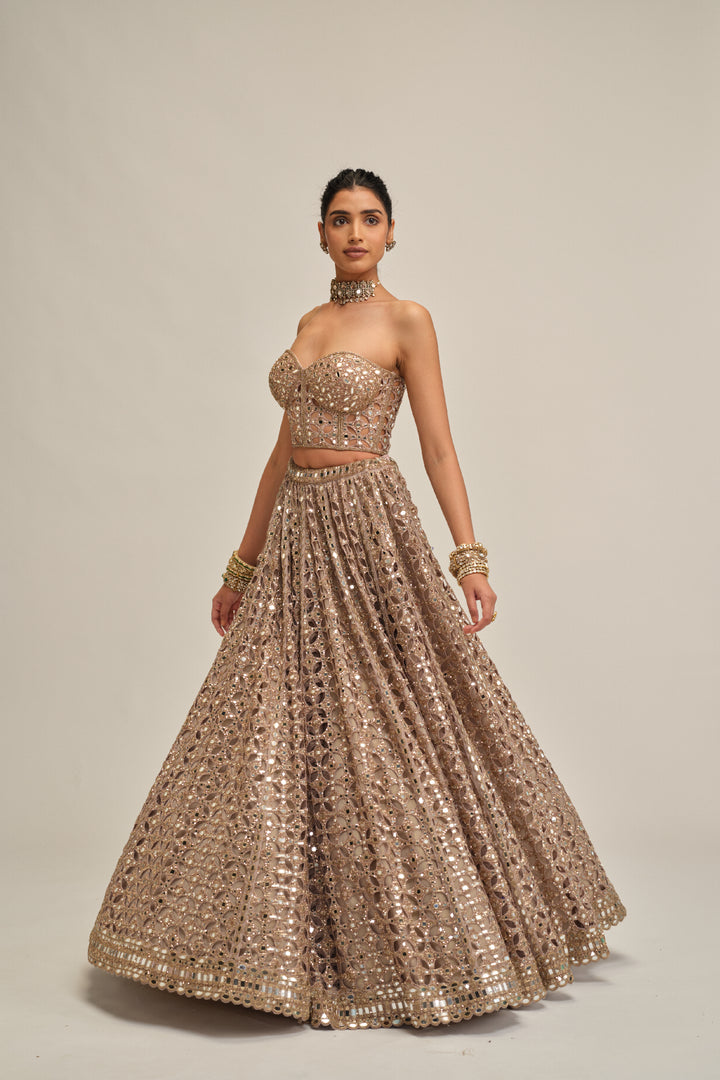 Ash Pink Circular Cutwork Crop Top Skirt Set