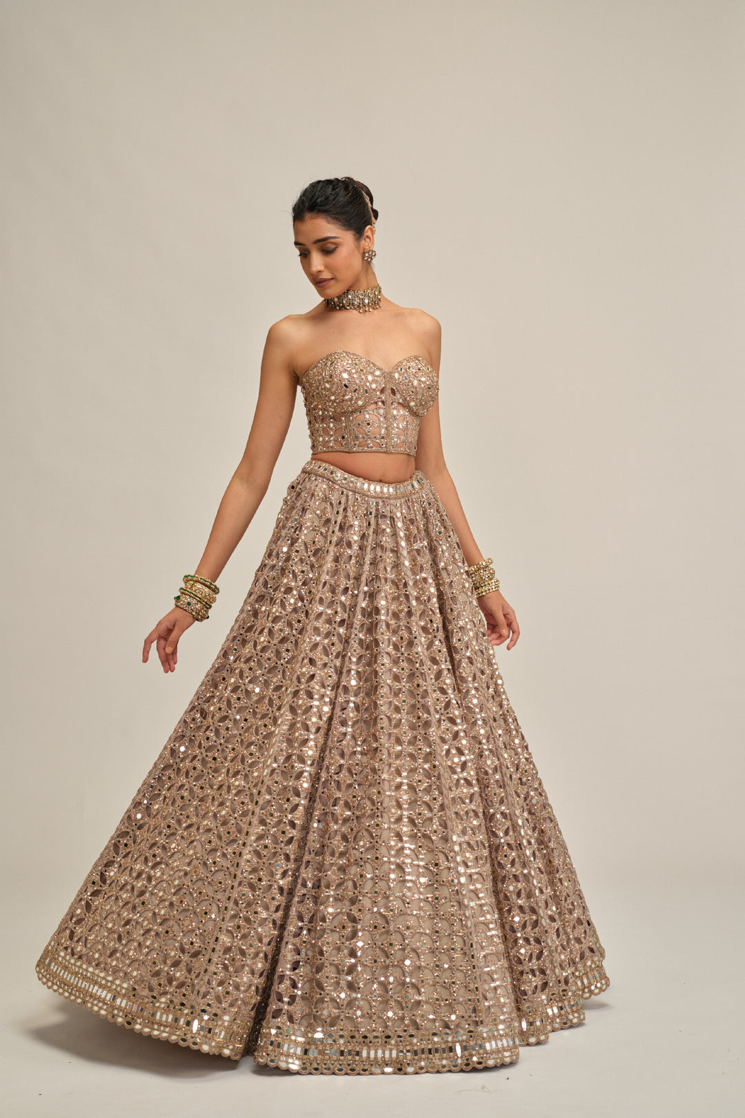 Ash Pink Circular Cutwork Crop Top Skirt Set