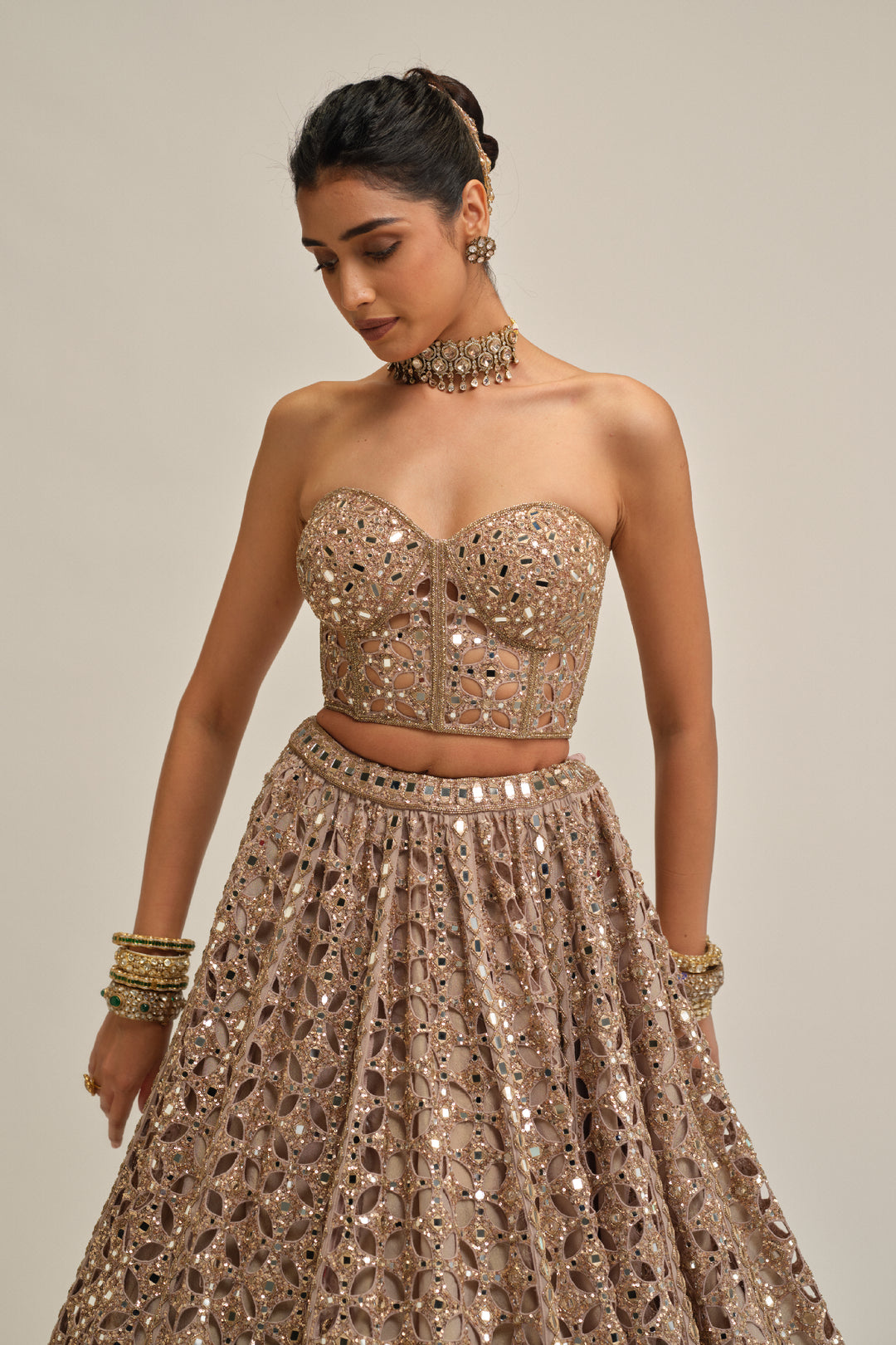 Ash Pink Circular Cutwork Crop Top Skirt Set