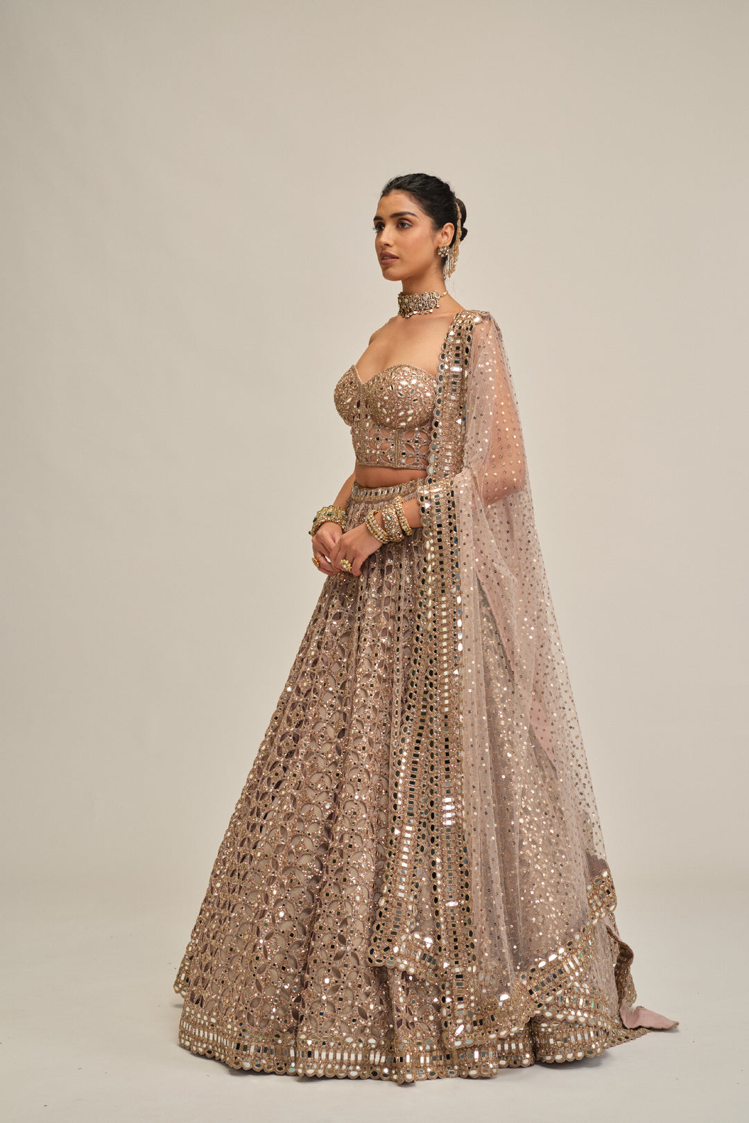 Ash Pink Circular Cutwork Lehenga With Corset Set