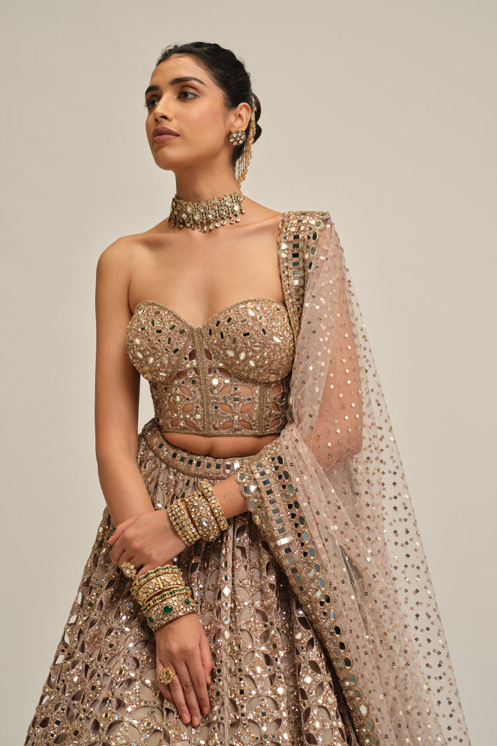 Ash Pink Circular Cutwork Lehenga With Corset Set