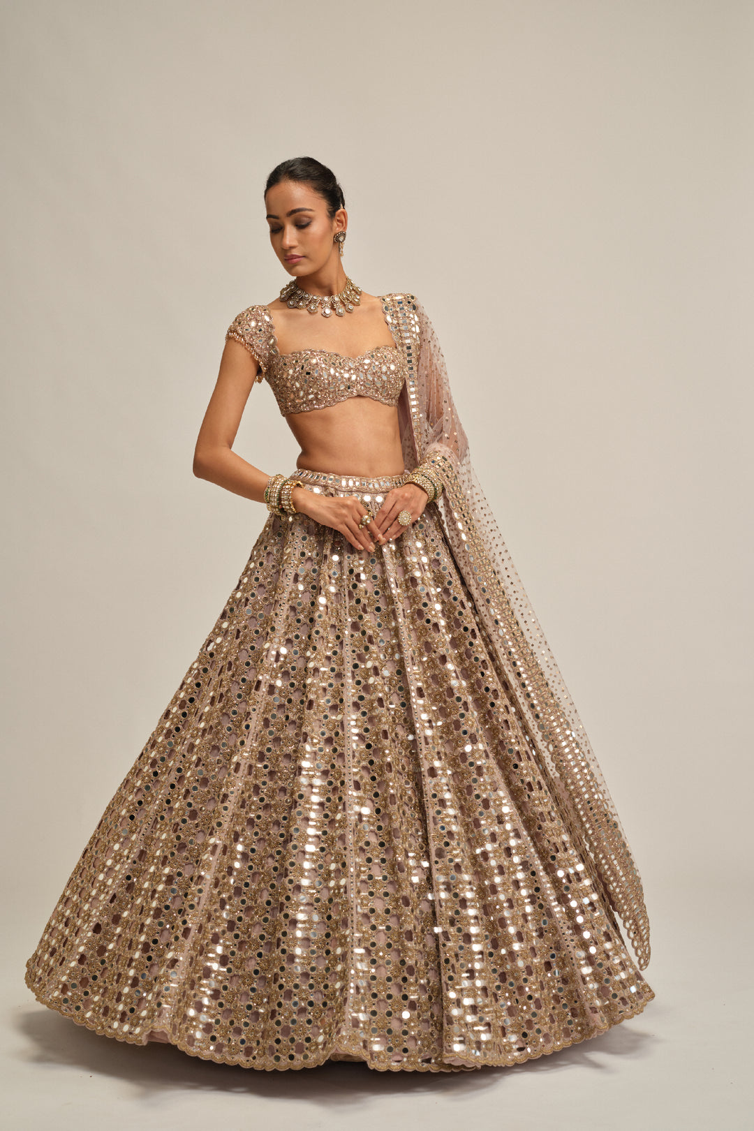 Ash Pink Dense Big Mirror Cutwork Lehenga Set
