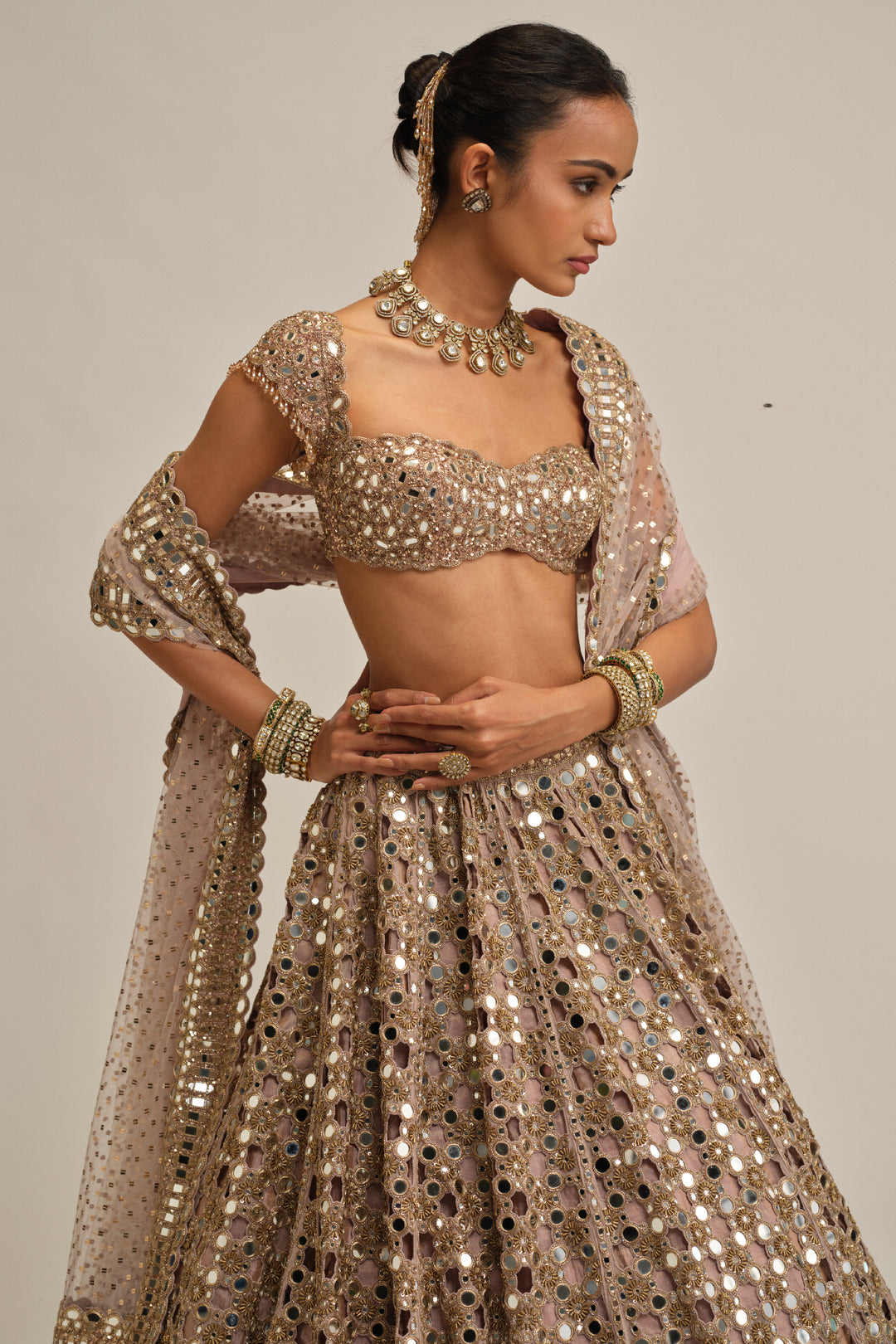 Ash Pink Dense Big Mirror Cutwork Lehenga Set