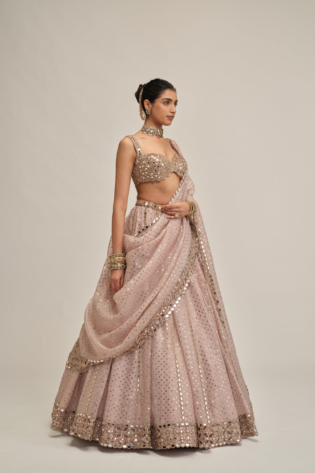 Ash Pink Linear Mirror Sequins Embroidered Lehenga Set
