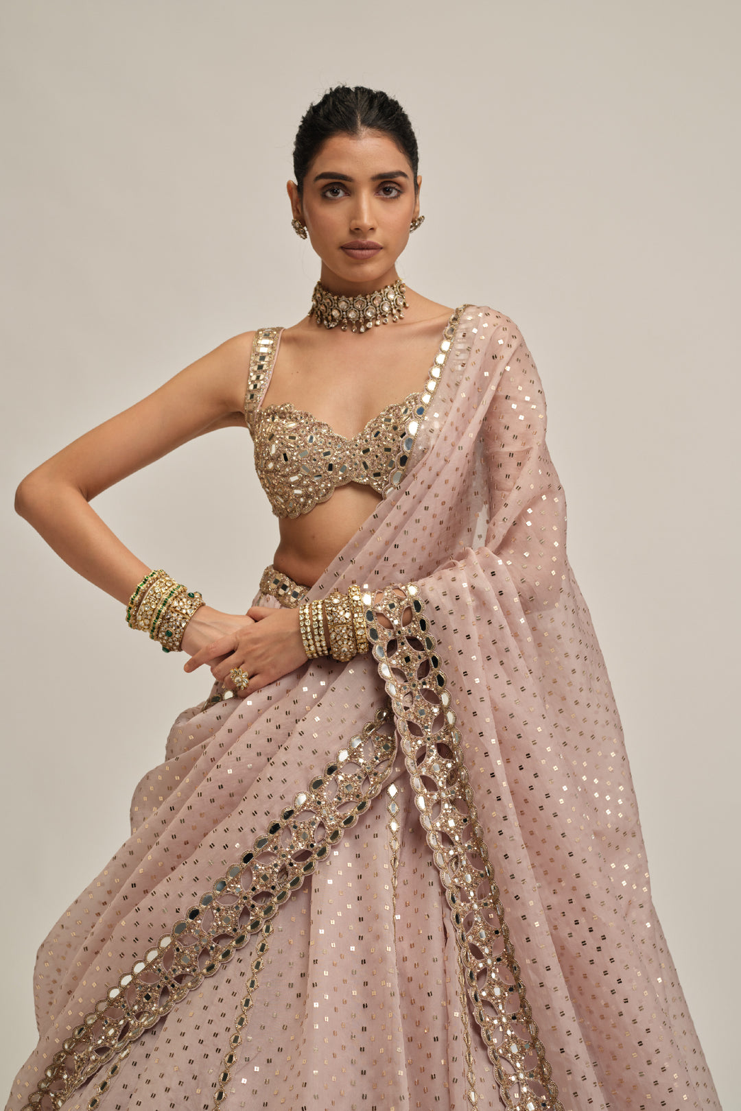 Ash Pink Linear Mirror Sequins Embroidered Lehenga Set