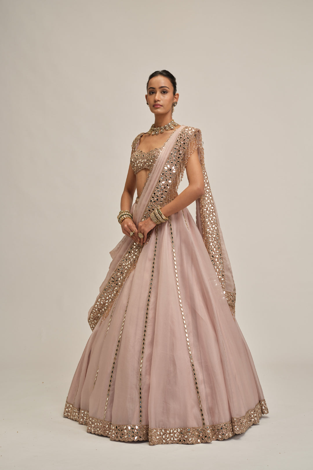 Ash Pink Mirror Linear Embroidered Lehenga Set