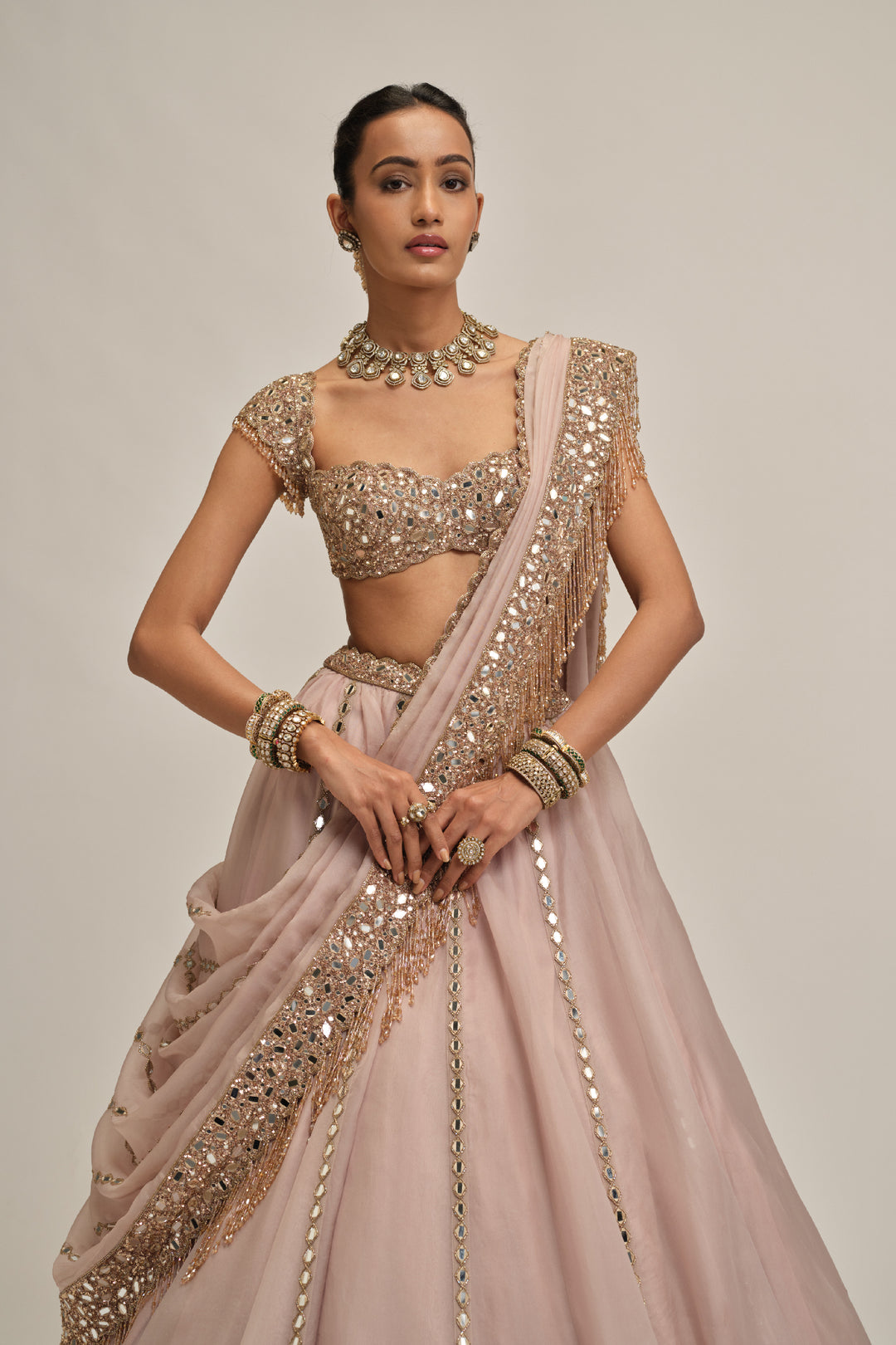 Ash Pink Mirror Linear Embroidered Lehenga Set