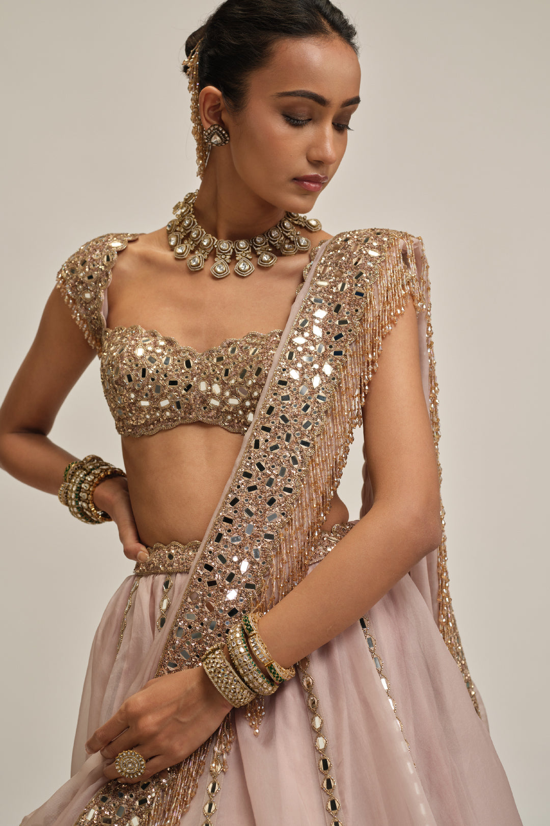 Ash Pink Mirror Linear Embroidered Lehenga Set