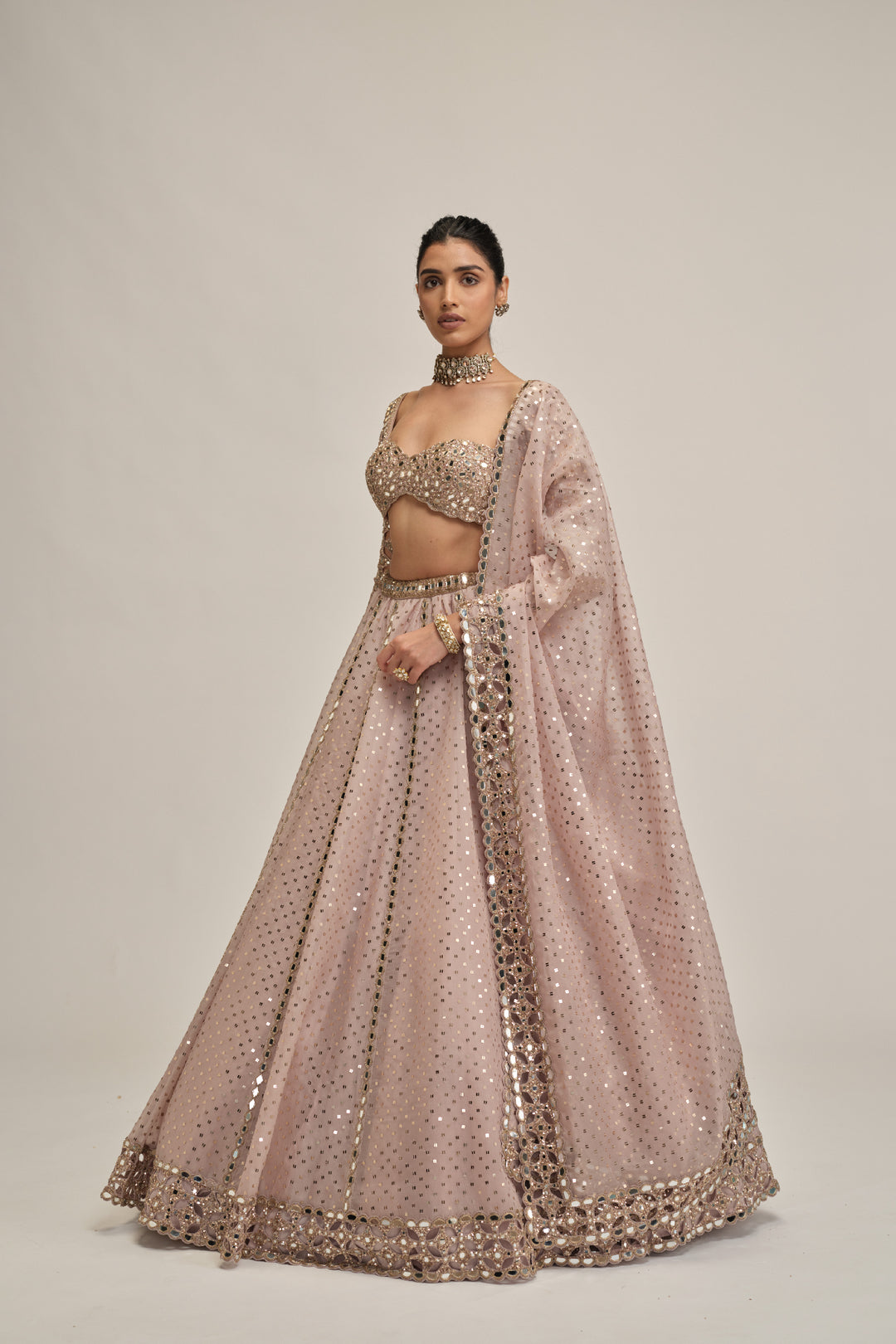 Ash Pink Cutwork Sleeve Lehenga Set