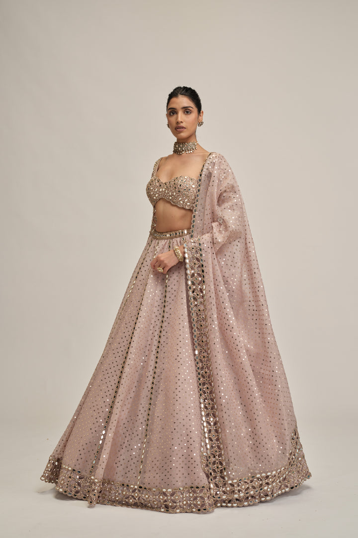 Ash Pink Cutwork Sleeve Lehenga Set