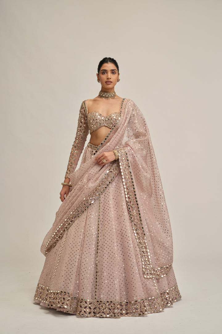 Ash Pink Cutwork Sleeve Lehenga Set