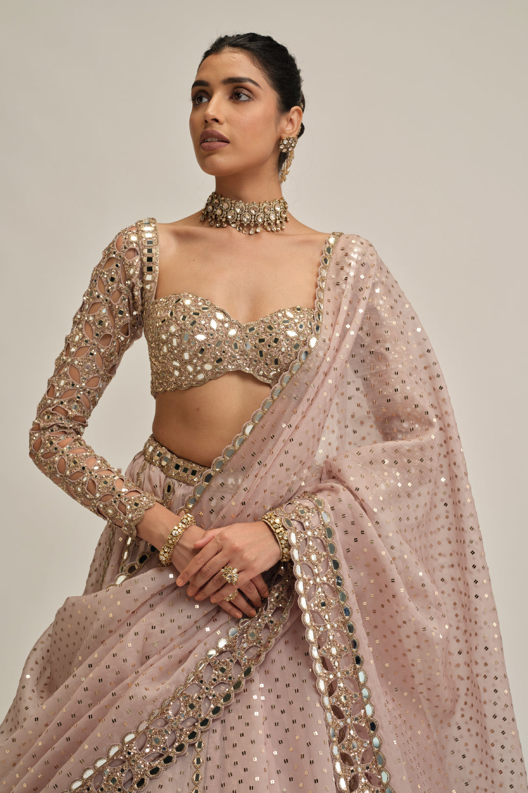 Ash Pink Cutwork Sleeve Lehenga Set