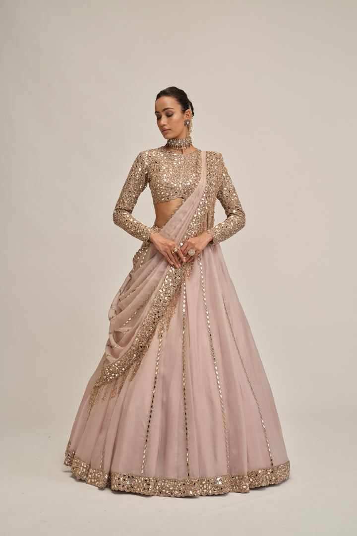 Ash Pink Full Sleeve Lehenga Set